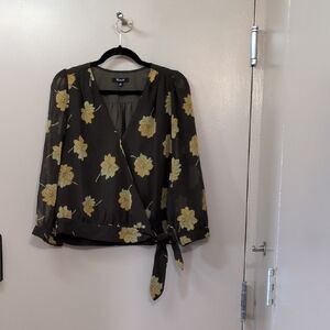 EUC Madewell floral wrap blouse (hunter green & yellow, size XL